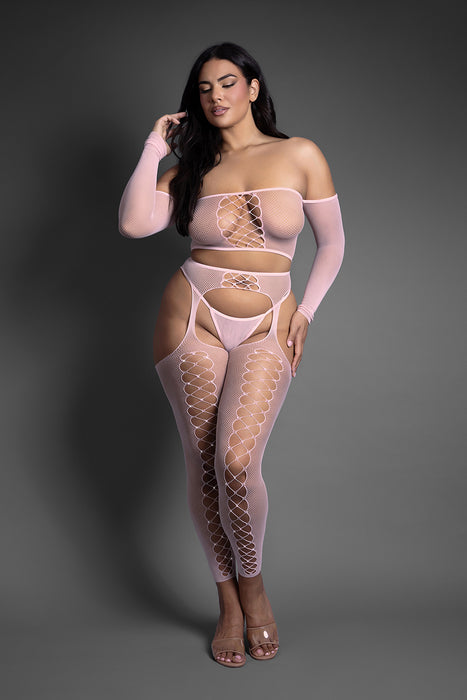 Fantasy Lingerie Sheer Crystal Club Last Call Off-The-Shoulder Top and Footless Garter Stockings with G-String Queen Size