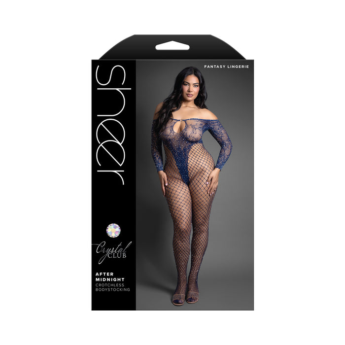 Fantasy Lingerie Sheer Crystal Club After Midnight Off-The-Shoulder Long Sleeve Bodystocking Queen Size
