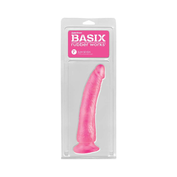Pipedream Basix Rubber Works Slim Seven 7 in. Dildo With Suction Cup Pink