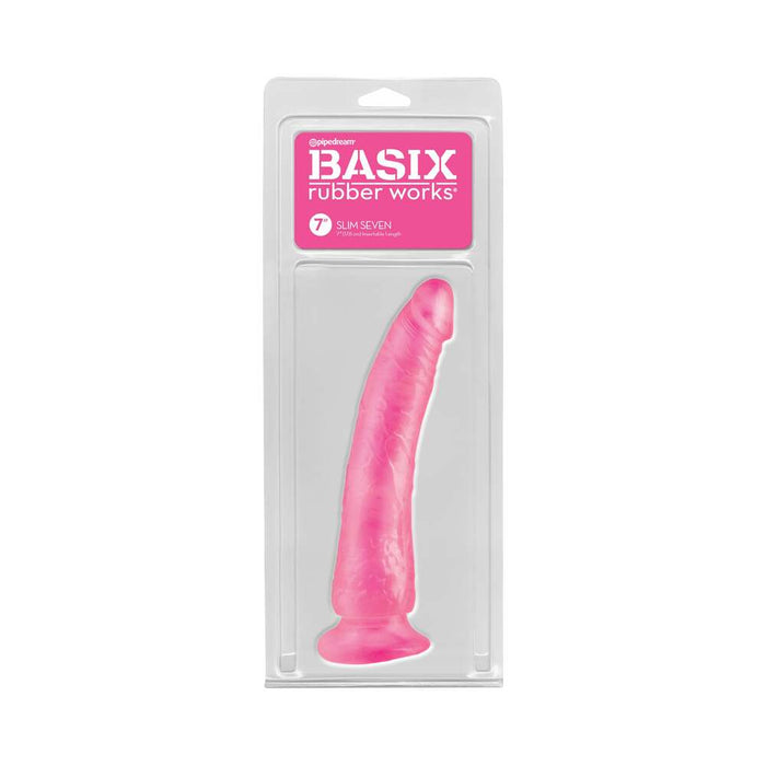 Basix Rubber Works Slim Seven 7 in. Dildo With Suction Cup Pink