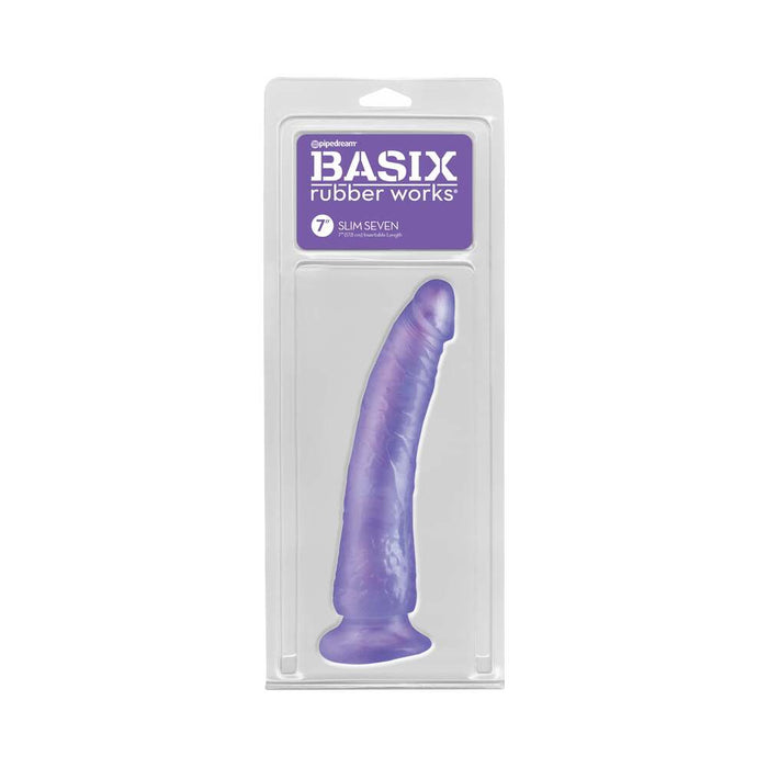 Pipedream Basix Rubber Works Slim Seven 7 in. Dildo With Suction Cup Purple