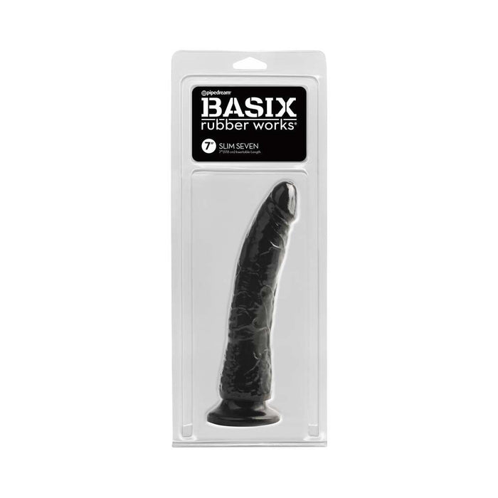 Pipedream Basix Rubber Works Slim Seven 7 in. Dildo With Suction Cup Black
