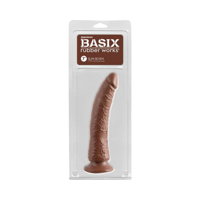 Pipedream Basix Rubber Works Slim Seven 7 in. Dildo With Suction Cup Brown