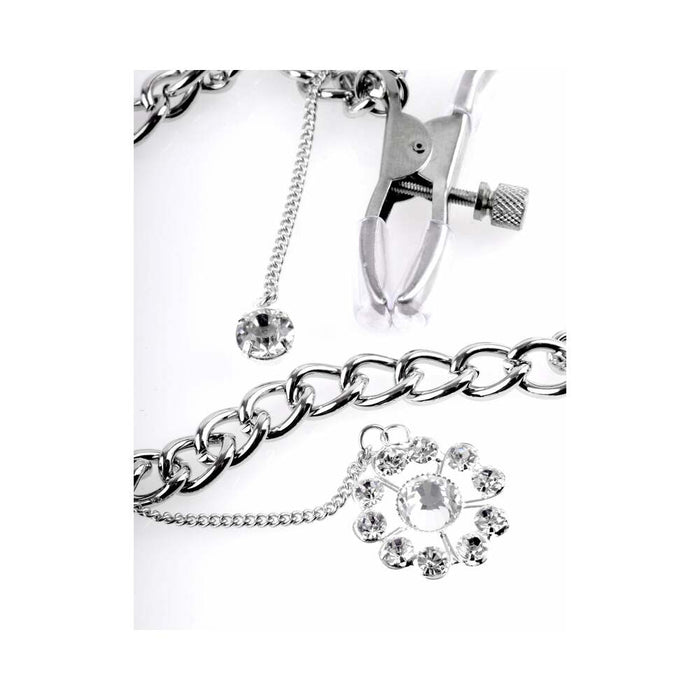 Pipedream Fetish Fantasy Series Adjustable Crystal Nipple Clamps With Chain Silver