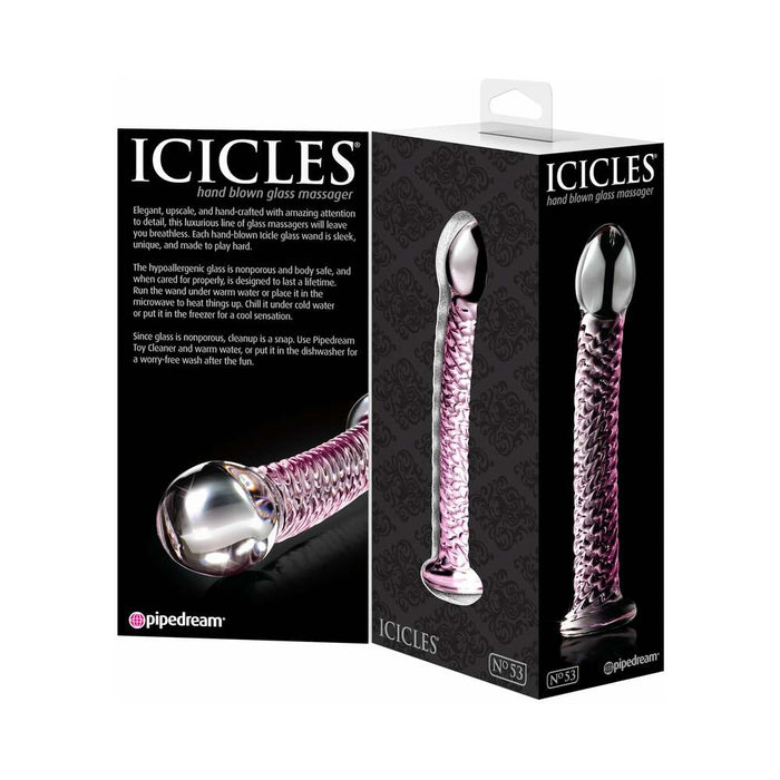 Pipedream Icicles No. 53 Curved Textured 7 in. Glass Dildo Pink