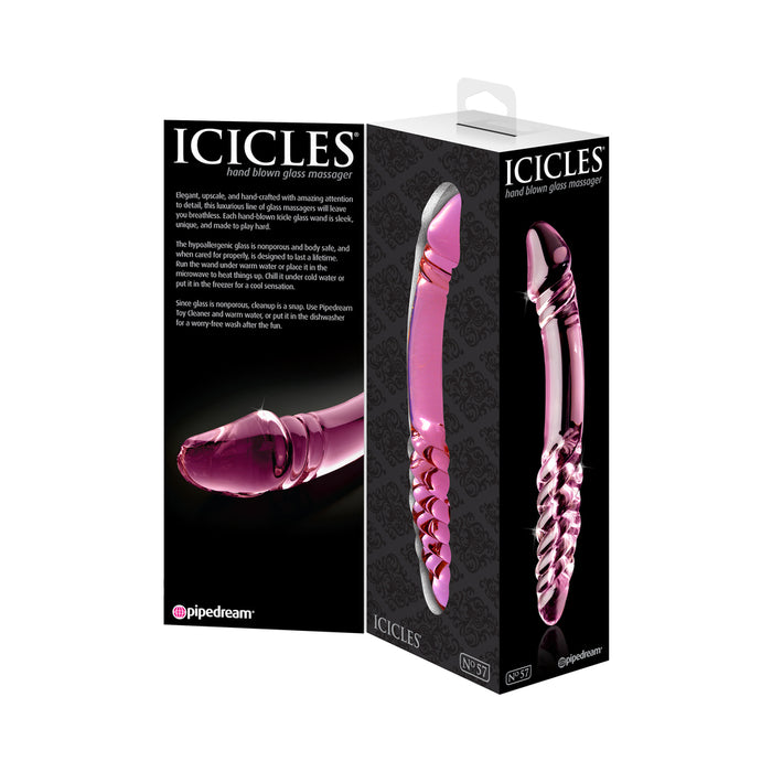 Pipedream Icicles No. 57 Curved Textured 9 in. Dual-Ended Glass Dildo Pink