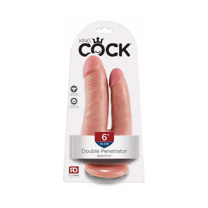 Pipedream King Cock Double Penetrator 6 in. Realistic Dual-Entry Dildo With Suction Cup Beige