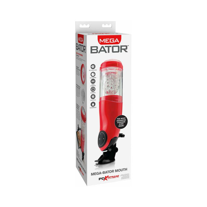 PDX Mega-Bator Mouth Rechargeable Rotating Thrusting Stroker With Hands-Free Suction Cup Clear/Red