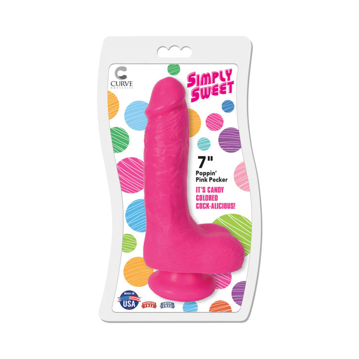 Curve Toys Simply Sweet Poppin' Pink Pecker 7 in. Dildo with Balls & Suction Cup