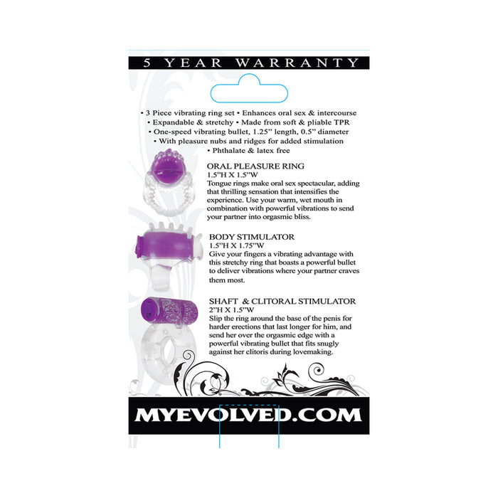 Evolved Ring True 3-Piece Vibrating Ring Set Clear/Purple