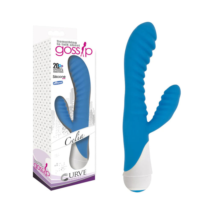 Curve Toys Gossip Celia Waterproof Ribbed Silicone Flexible Dual Stimulation Vibrator Azure