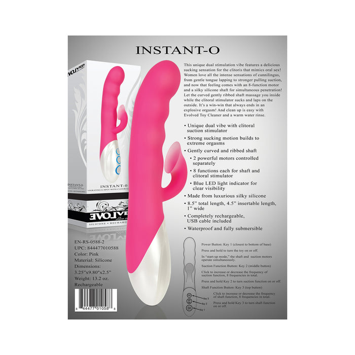 Evolved Instant-O Rechargeable Silicone Dual Stimulator With Clitoral Suction Pink