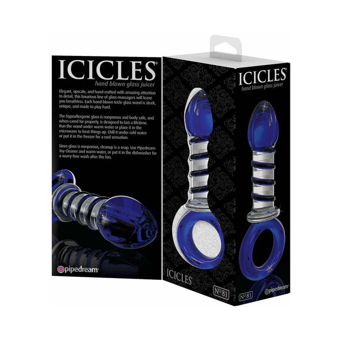 Pipedream Icicles No. 81 Glass Juicer Ribbed Dildo With Handle Blue