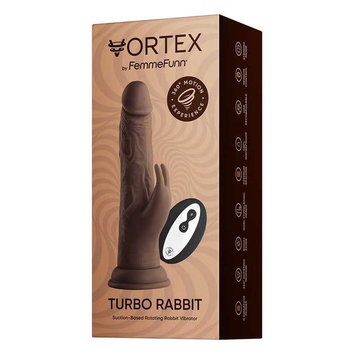 FemmeFunn Vortex Turbo Rabbit 2.0 8 in. Dual Stimulation Vibrating Dildo Brown