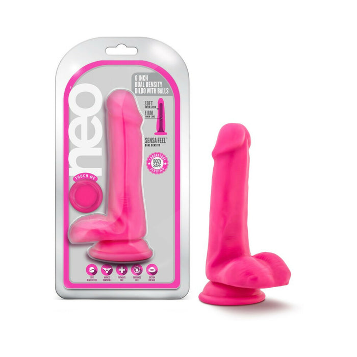 Blush Neo 6 in. Dual Density Dildo with Balls & Suction Cup Neon Pink