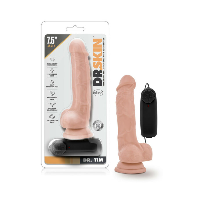 Blush Dr. Skin Dr. Tim Realistic 7.5 in. Vibrating Dildo with Balls & Suction Cup Beige
