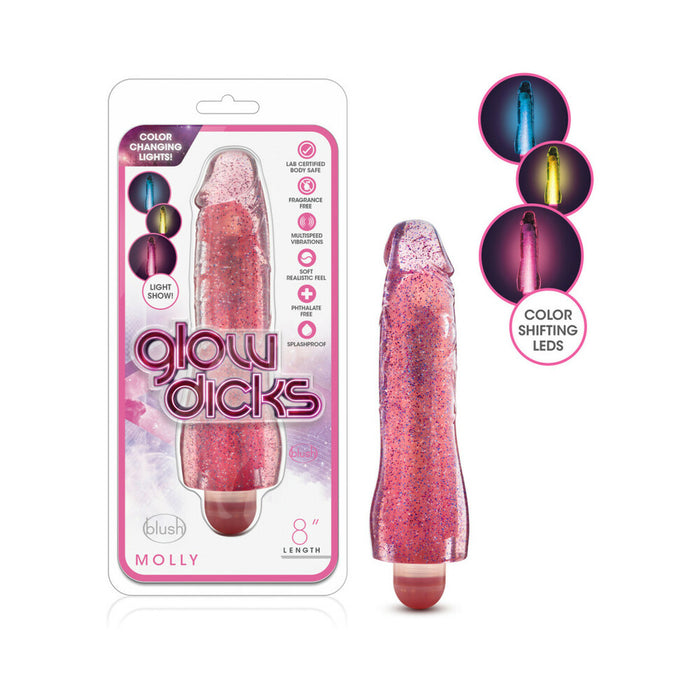 Blush Glow Dicks Molly Color Changing 8 in. Vibrating Dildo Glitter Pink
