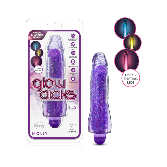 Blush Glow Dicks Molly Color Changing 8 in. Vibrating Dildo Glitter Purple