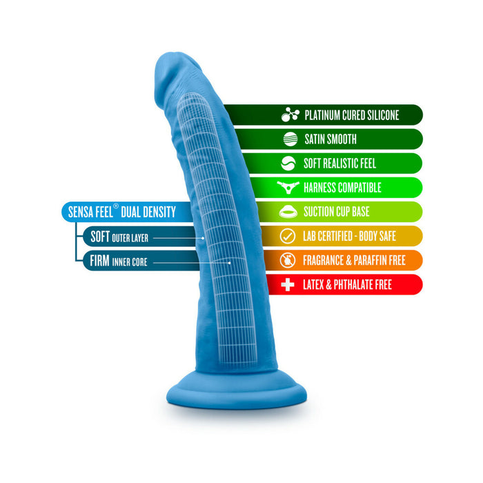 Blush Neo Elite 7.5 in. Silicone Dual Density Dildo with Suction Cup Neon Blue