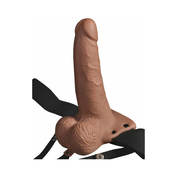 Pipedream Fetish Fantasy Series Rechargeable Vibrating 6 in. Hollow Strap-On With Balls Tan/Black