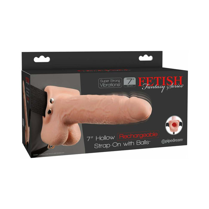 Pipedream Fetish Fantasy Series Rechargeable Vibrating 7 in. Hollow Strap-On With Balls Beige/Black