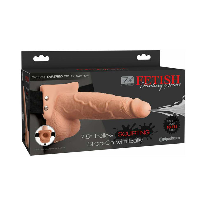 Pipedream Fetish Fantasy Series 7.5 in. Hollow Squirting Strap-On With Balls Beige/Black