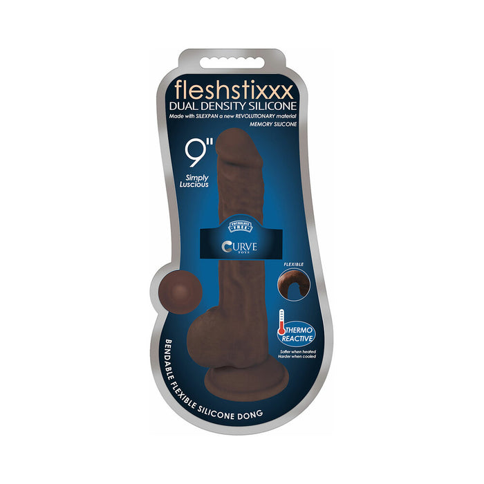 Curve Toys FLESHSTIXXX 9 in. Posable Dual Density Silicone Dildo with Balls & Suction Cup Brown