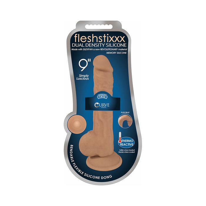 Curve Toys FLESHSTIXXX 9 in. Posable Dual Density Silicone Dildo with Balls & Suction Cup Tan