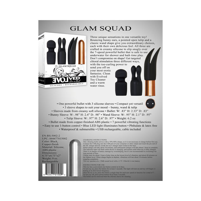 Evolved Glam Squad Rechargeable Bullet Vibrator With 3-Piece Silicone Sleeve Set Black/Copper