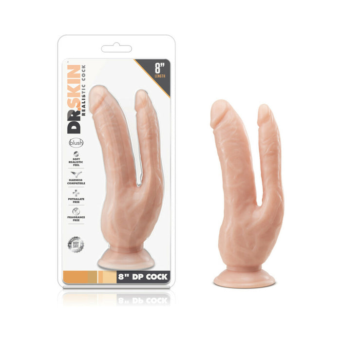 Blush Dr. Skin DP Cock Realistic 8 in. Dual Entry Dildo with Suction Cup Beige