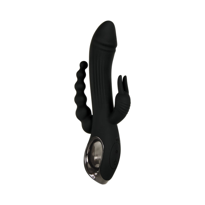 Evolved Trifecta Rechargeable Dual Entry Triple Stimulation Silicone Rabbit Vibrator Black
