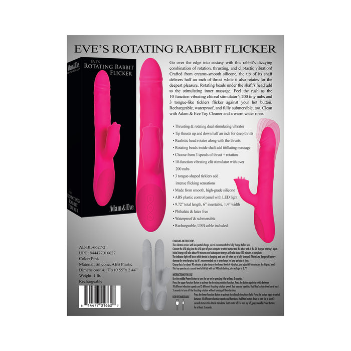 Adam & Eve Eve's Rotating Rabbit Flicker Rechargeable Silicone Rabbit Vibrator Pink