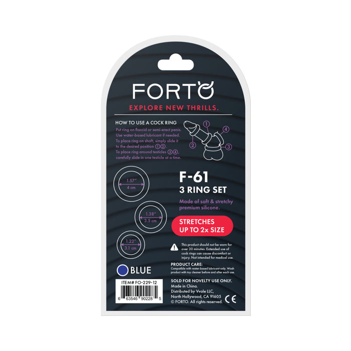 Forto F-61 3-Piece Silicone Cockring Set Blue