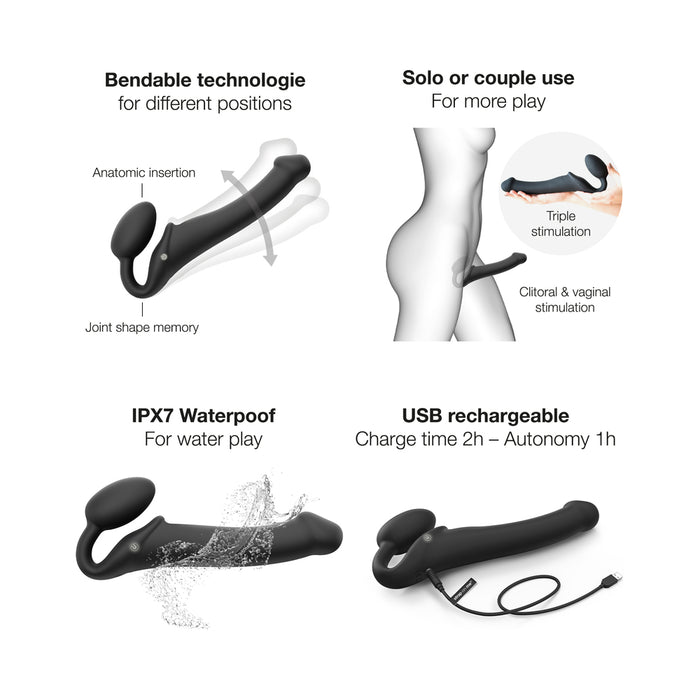 Strap-On-Me Rechargeable Remote-Controlled Silicone Vibrating Bendable Strap-On Black L