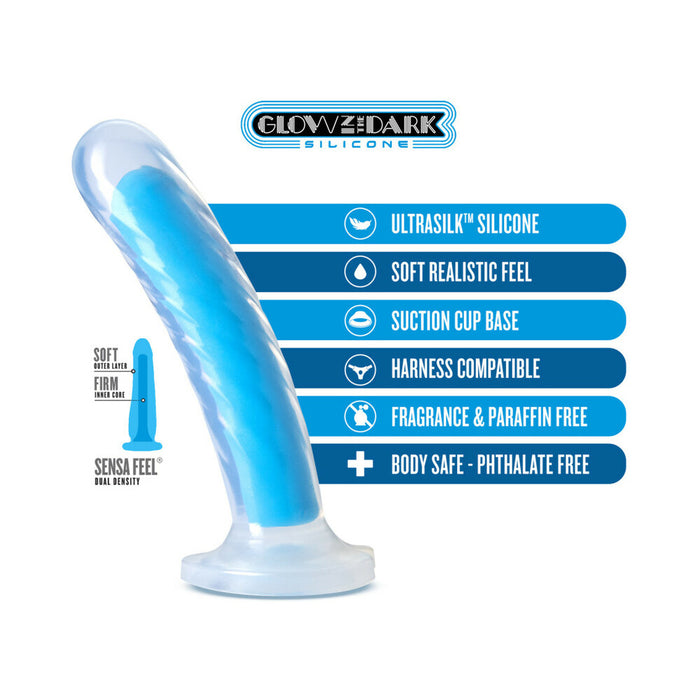 Blush Neo Elite Glow in the Dark Tao 7 in. Dual-Density Dildo with Suction Cup Neon Blue
