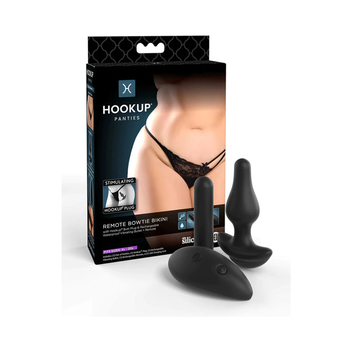 Pipedream Hookup Panties Remote Bowtie Bikini With Anal Plug & Bullet Black XL-XXL