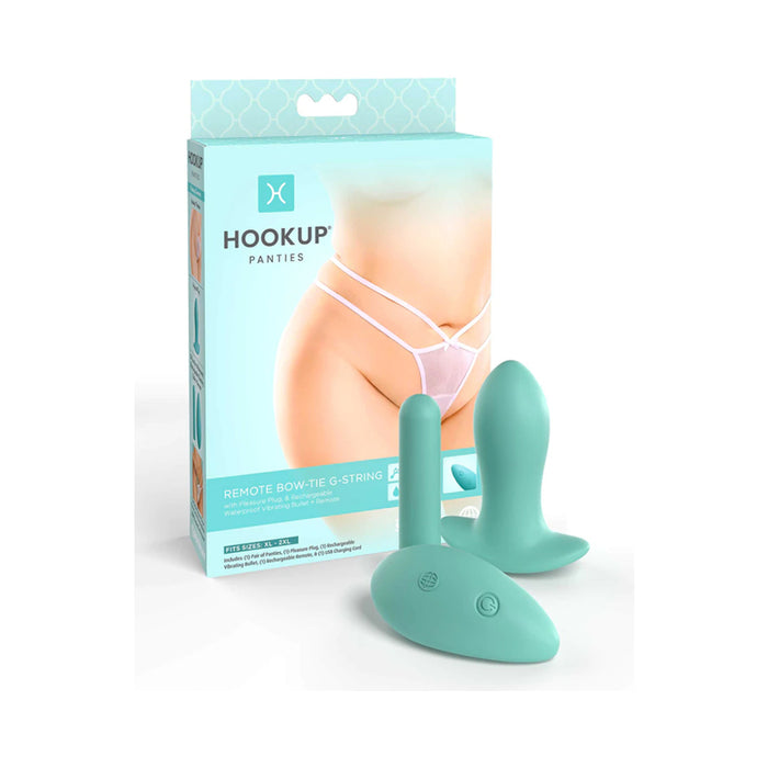 Pipedream Hookup Panties Remote Bowtie G-String With Anal Plug & Bullet White/Aqua XL-XXL