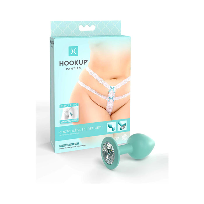 Pipedream Hookup Panties Crotchless Secret Gem With Diamond Silicone Anal Plug White/Aqua XL-XXL