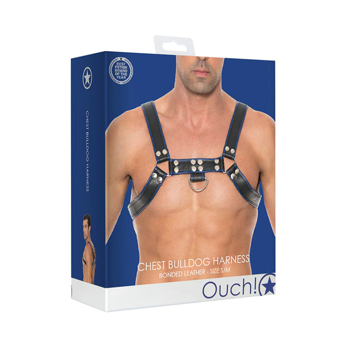 Ouch! Bonded Leather Chest Bulldog Harness Blue S/M