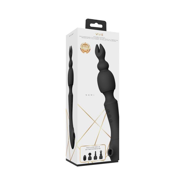 VIVE NAMI Dual-Ended Pulse Wave & Vibrating Wand With Interchangeable Sleeves Black