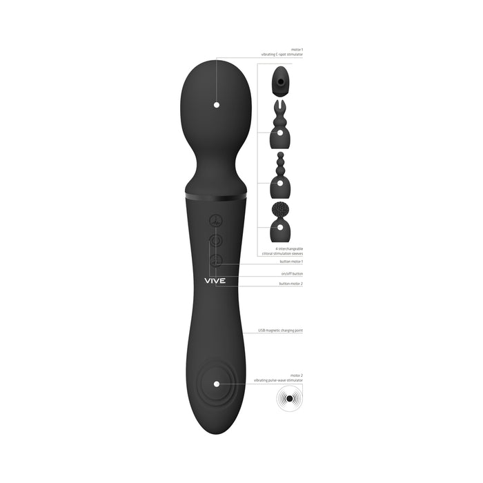 VIVE NAMI Dual-Ended Pulse Wave & Vibrating Wand With Interchangeable Sleeves Black