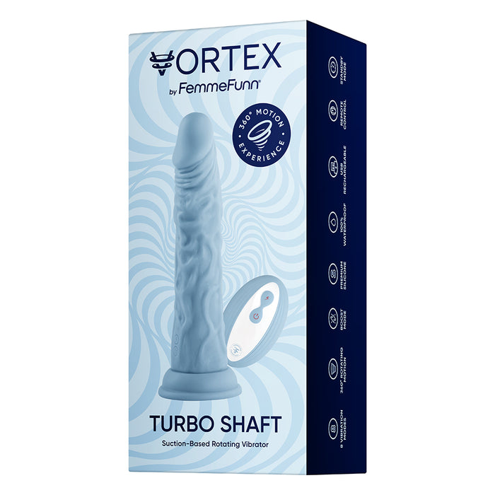 FemmeFunn Vortex Turbo Shaft 2.0 8 in. Silicone Vibrating Rotating Dildo Light Blue