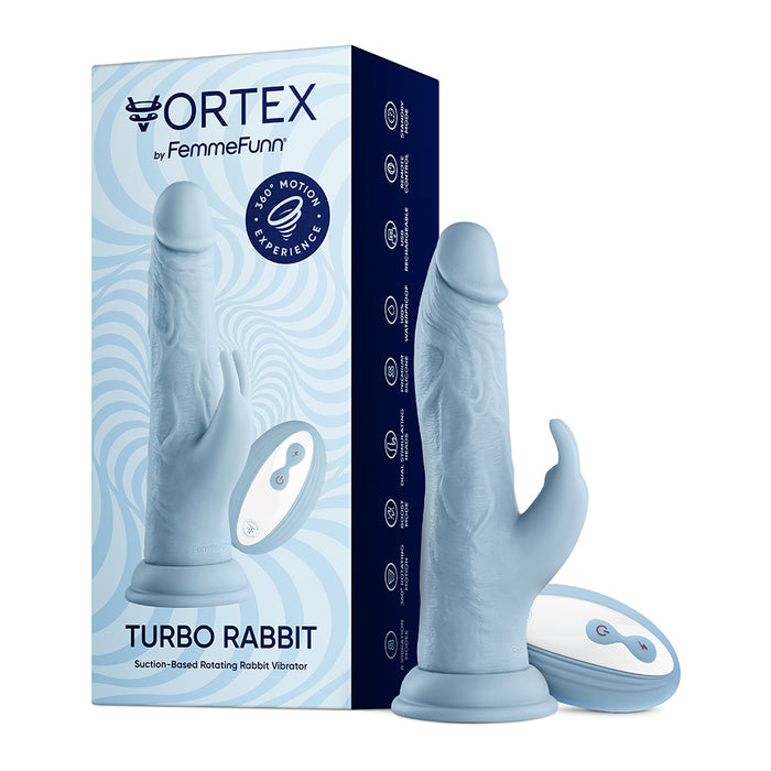 FemmeFunn Vortex Turbo Rabbit 2.0 8 in. Dual Stimulation Vibrating Dildo Light Blue