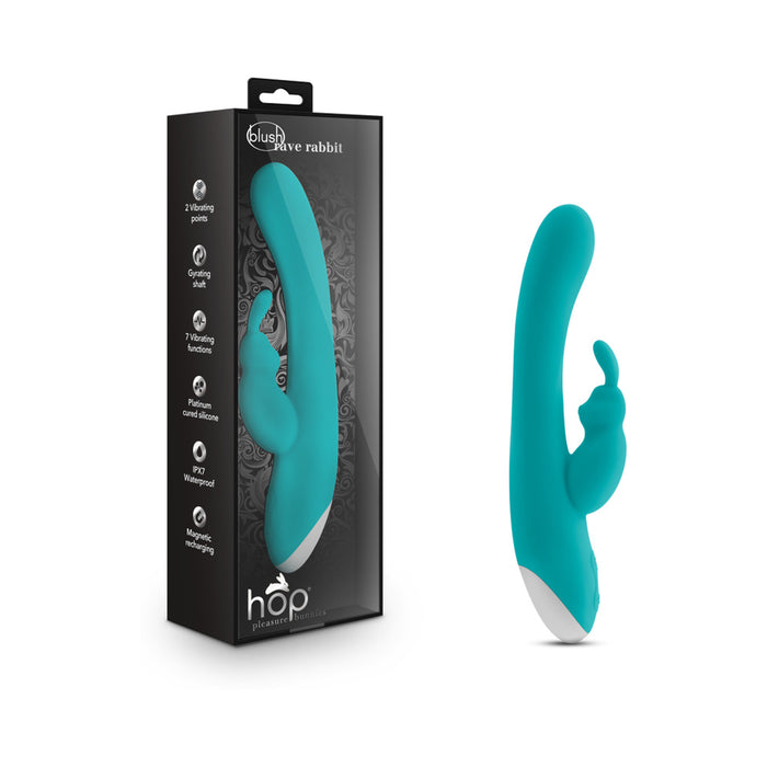 Blush Hop Rave Rabbit Rechargeable Silicone Dual Stimulation Gyrating Vibrator Aquamarine