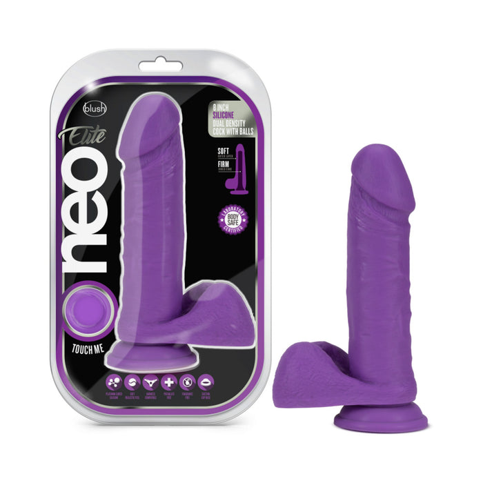 Blush Neo Elite 8 in. Silicone Dual Density Dildo With Balls & Suction Cup Neon Purple