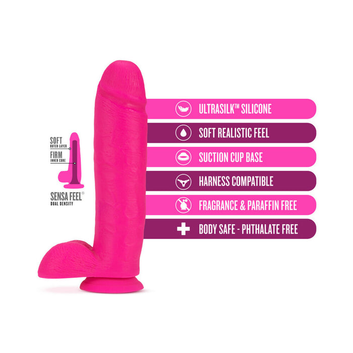 Blush Neo Elite 10 in. Silicone Dual Density Dildo with Balls & Suction Cup Neon Pink