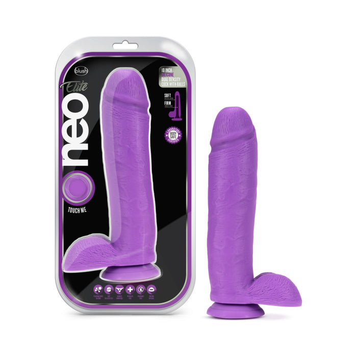 Blush Neo Elite 10 in. Silicone Dual Density Dildo with Balls & Suction Cup Neon Purple