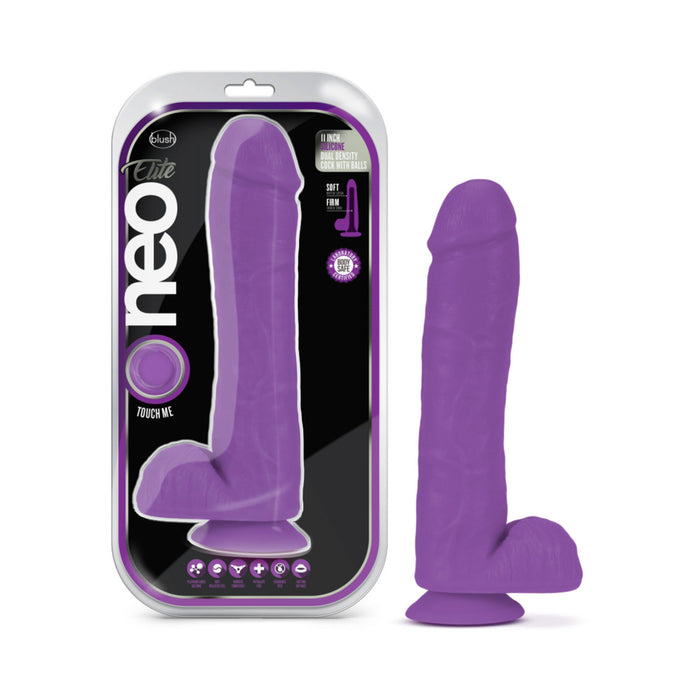 Blush Neo Elite 11 in. Silicone Dual Density Dildo with Balls & Suction Cup Neon Purple