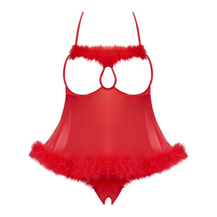 Magic Silk Marabou Cupless & Crotchless Babydoll Set Red L/XL
