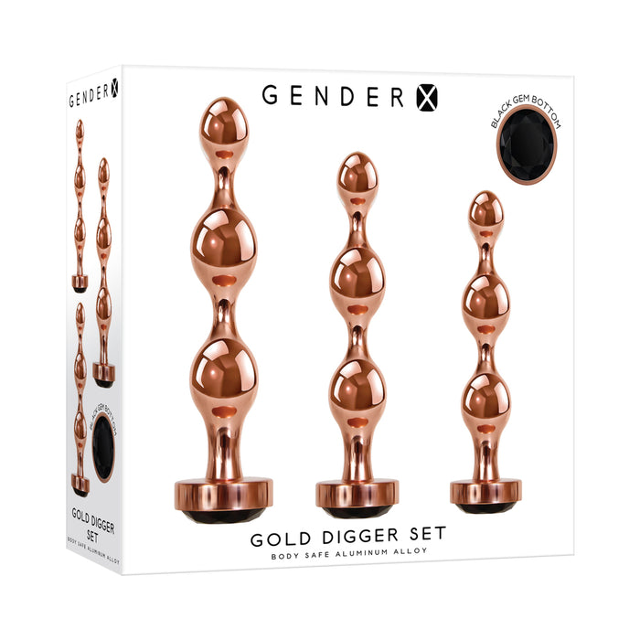 Gender X Gold Digger 3-Piece Rose Gold Beaded Anal Plug With Black Gemstone Base Set